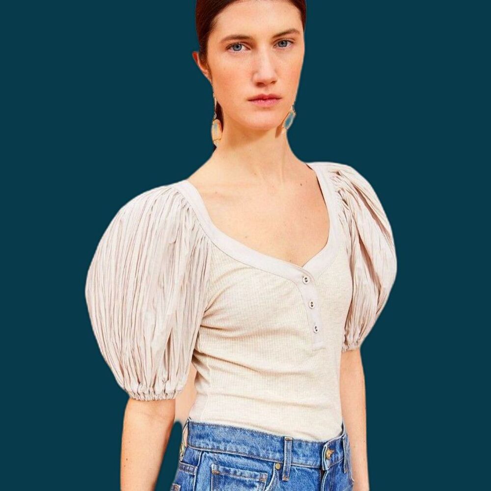 Ulla Johnson Marika Pleated Puff Sleeve Ribbed Henley Blouse Top Cobblestone S